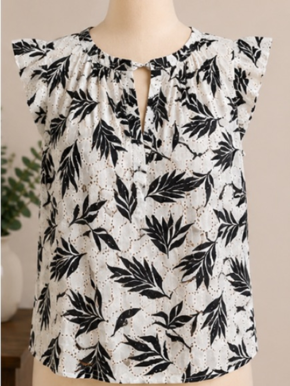 LOFT White Eyelet Camisole with Black Leaf Print